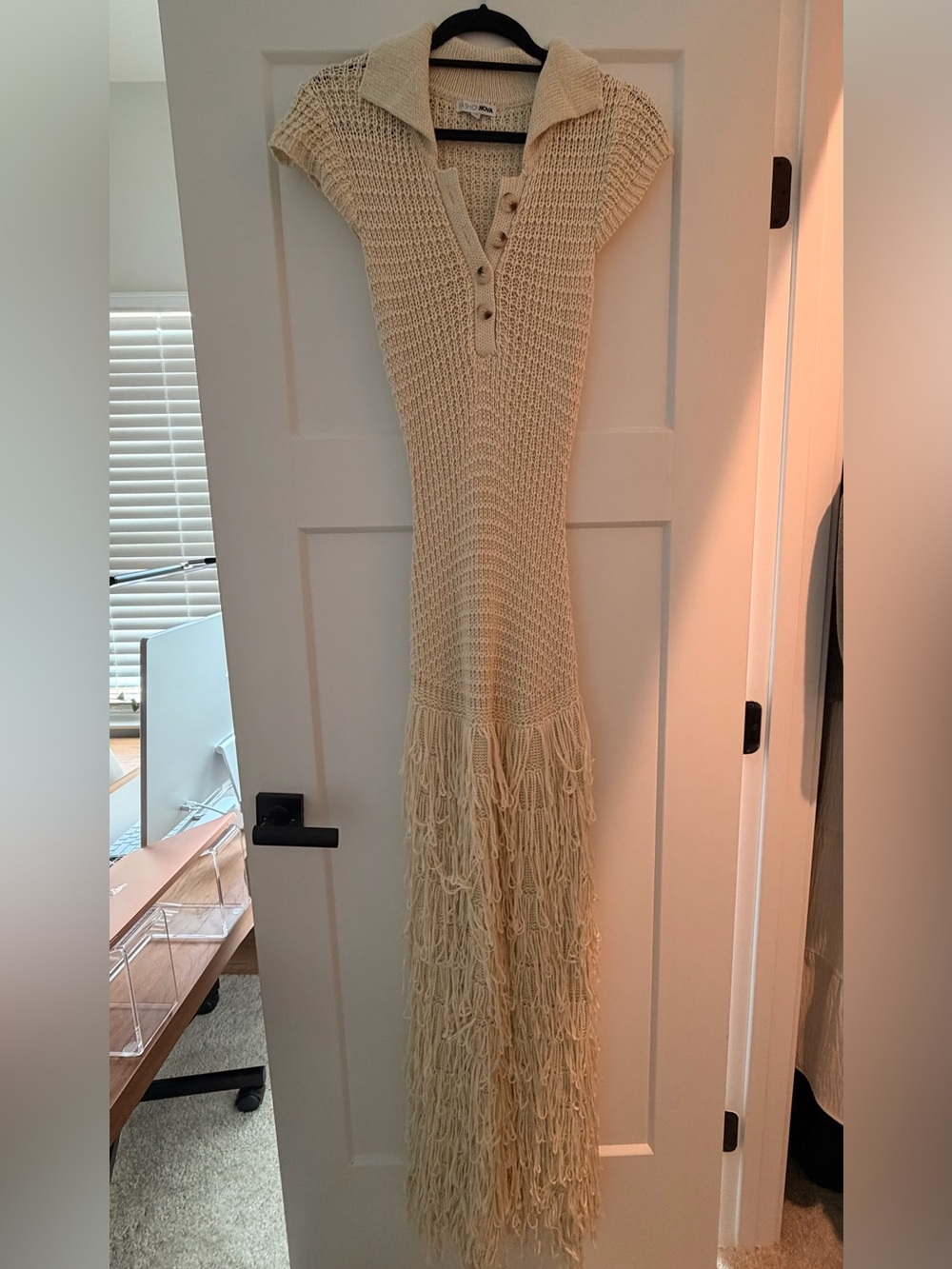 Fashion Nova Cream Crochet Fringe Maxi Dress